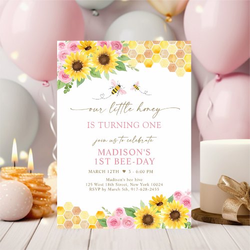 Sunflower Honey Bee Pink Floral Birthday Invitation