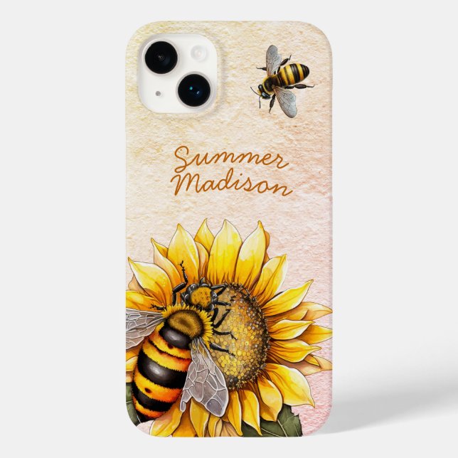 Sunflower Honey Bees Summer Floral Script Name Case-Mate iPhone Case (Back)