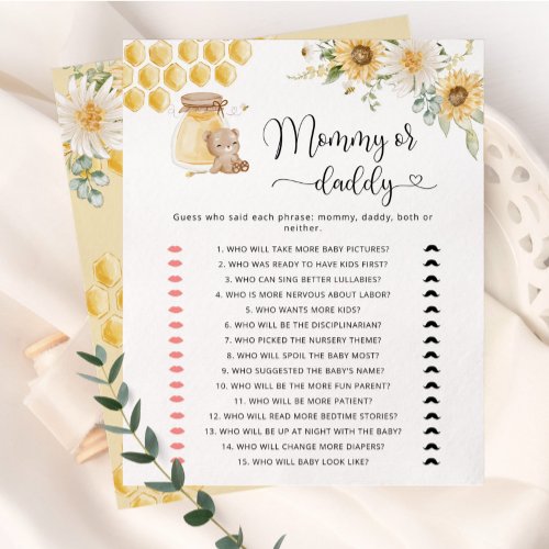 Sunflower honey mommy or daddy baby shower game