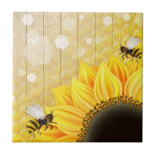 Sunflower Honeybee Honeycomb Yellow Black Brown Tile
