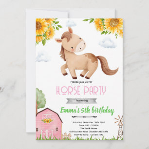 Sunflower horse birthday party invitation