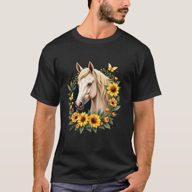 Sunflower Horse Portrait CowGirl Equestrian Horseb T-Shirt (Front)