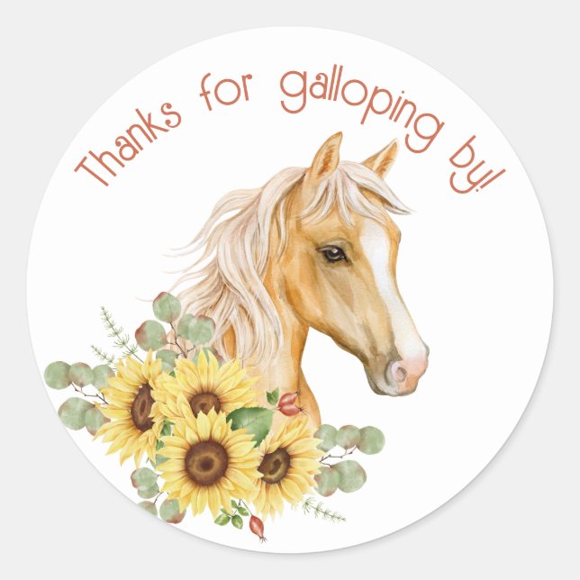 Sunflower Horse Thank you party favor  Classic Round Sticker (Front)