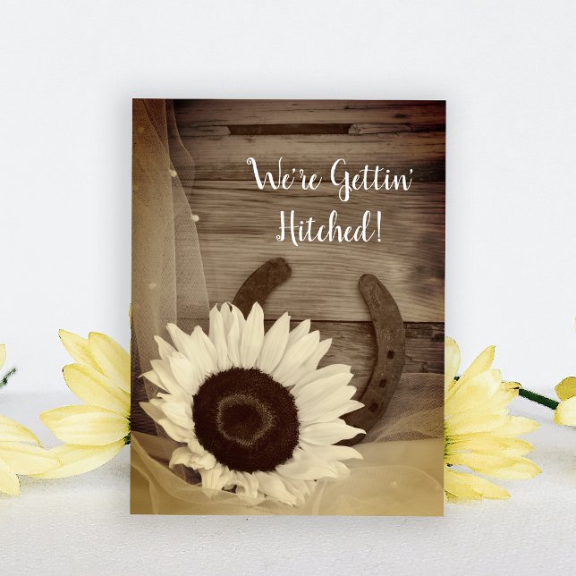 Sunflower Horseshoe Western Save the Date Sepia Announcement Postcard (Creator Uploaded)