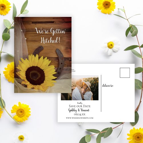 Sunflower  Horseshoe Western Wedding Save the Date Announcement Postcard