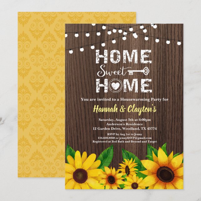 Sunflower housewarming party invitation sweet home (Front/Back)