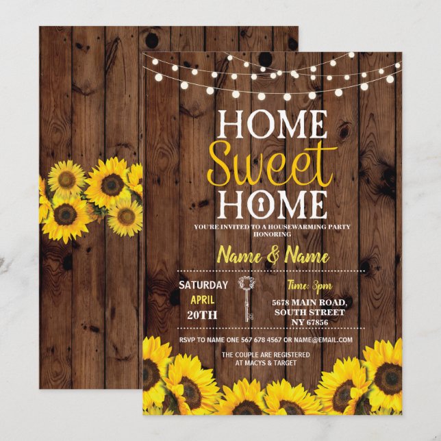 Sunflower Housewarming Sweet Home Wood Invite (Front/Back)