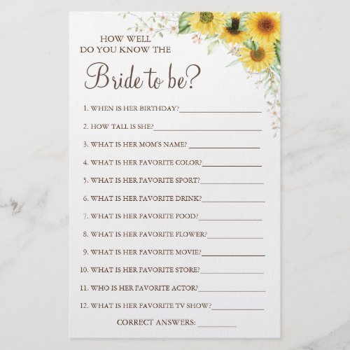 Sunflower How well do you know bride game card Flyer