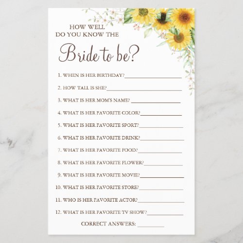 Sunflower How well do you know bride game card Flyer