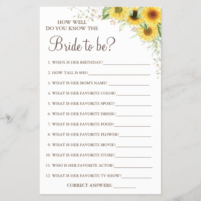 Sunflower How well do you know bride game card Flyer (Front)