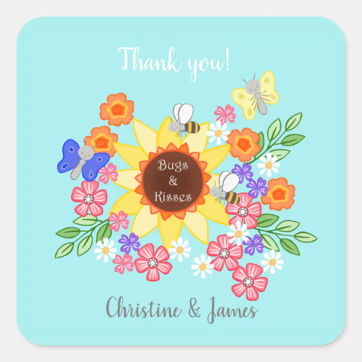 Sunflower Hugs and kisses cute Bugs Party Favor Square Sticker Zazzle