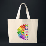 Sunflower Human in Rainbow Color | LGBTQ | Pride Large Tote Bag<br><div class="desc">This tote bag features a rainbow color sunflower with the colorful text "Human". It is perfect for members or allies of the LGBTQA community. It can also be for those supporters, family members and friends of gays, lesbians, transgender, and bisexuals. A perfect way to spread love, equality, and unity for...</div>