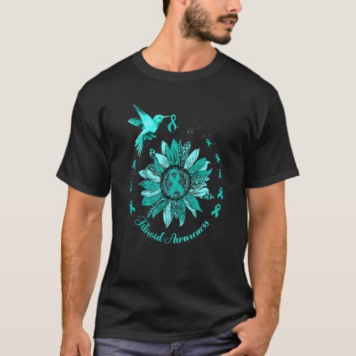 Sunflower Hummingbird Teal Ribbon Fibroid Warrior T_Shirt