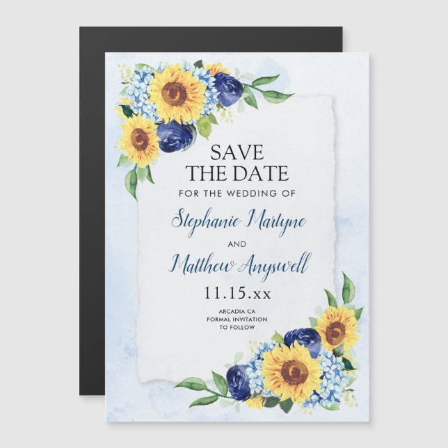 Sunflower Hydrangea Blue Watercolor Wedding Magnetic Invitation (Front/Back)
