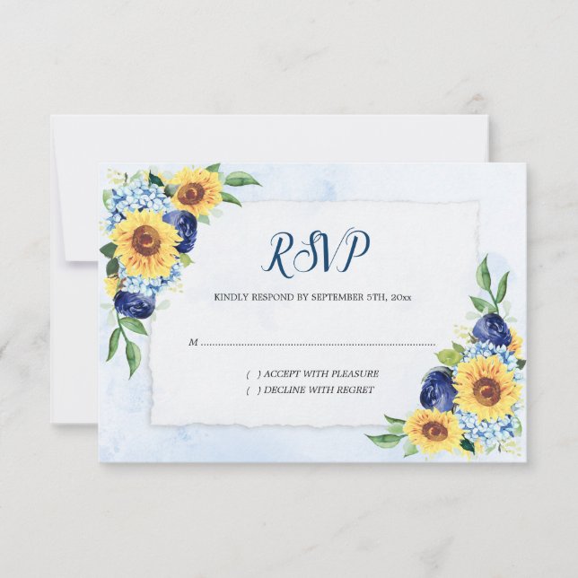 Sunflower Hydrangea Blue Watercolor Wedding RSVP Card (Front)