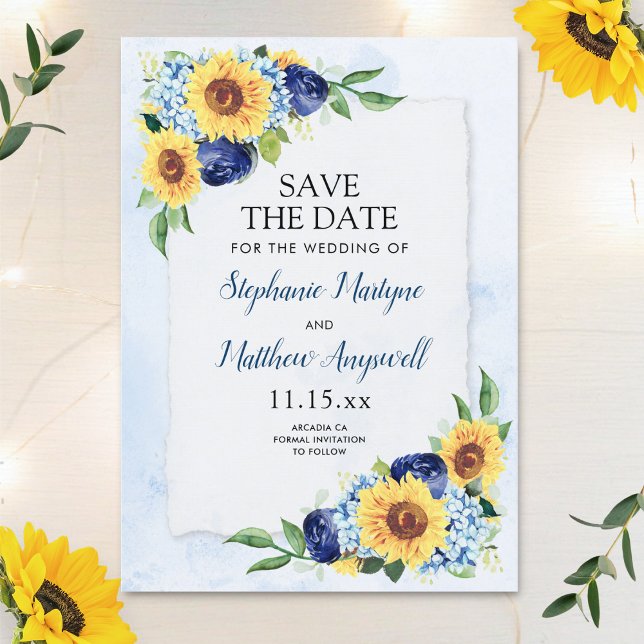 Sunflower Hydrangea Blue Watercolor Wedding Save The Date (Creator Uploaded)
