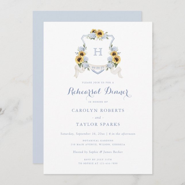 Sunflower Hydrangea Crest Rehearsal Dinner Wedding Invitation (Front/Back)