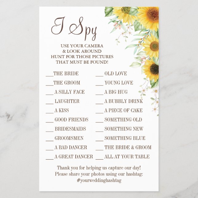 Sunflower I spy wedding reception game card Flyer (Front)