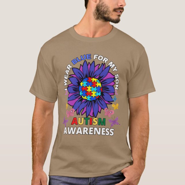 sunflower i wear blue for my son autism awareness  T-Shirt (Front)