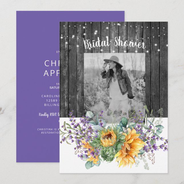  Sunflower II Lavender Photo Rustic Bridal Shower Invitation (Front/Back)