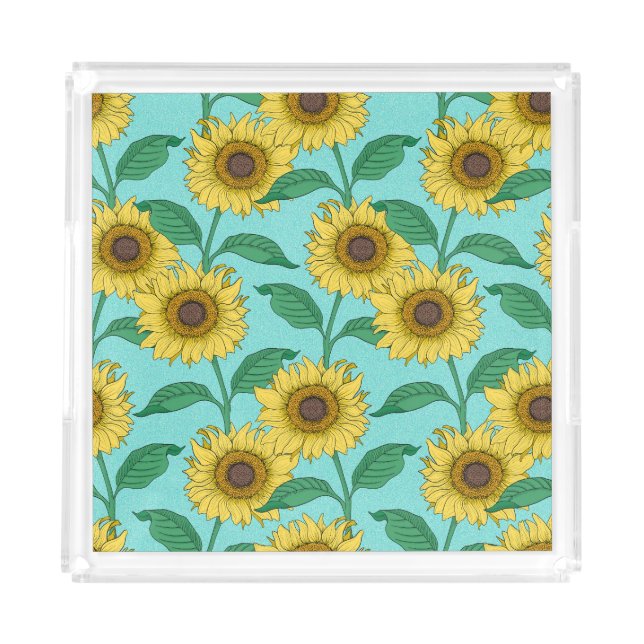 Sunflower Illustration Fashion Repeat Pattern Acrylic Tray (Front)