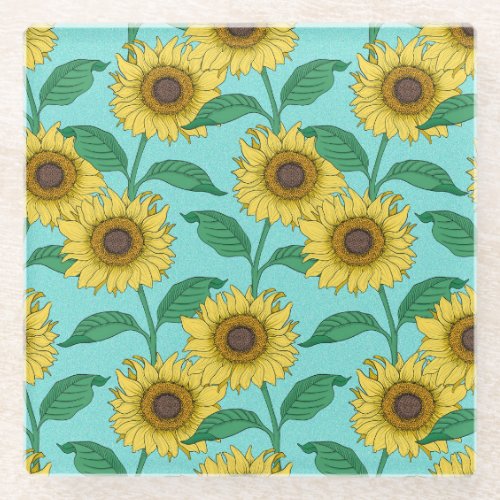 Sunflower Illustration Fashion Repeat Pattern Glass Coaster