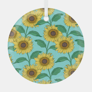 Sunflower Illustration Fashion Repeat Pattern Glass Ornament
