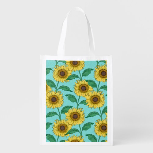 Sunflower Illustration Fashion Repeat Pattern Grocery Bag