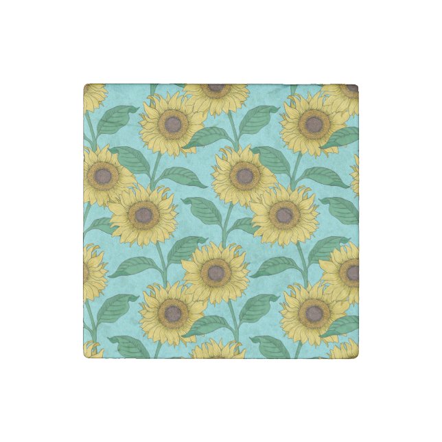 Sunflower Illustration Fashion Repeat Pattern Stone Magnet (Front)