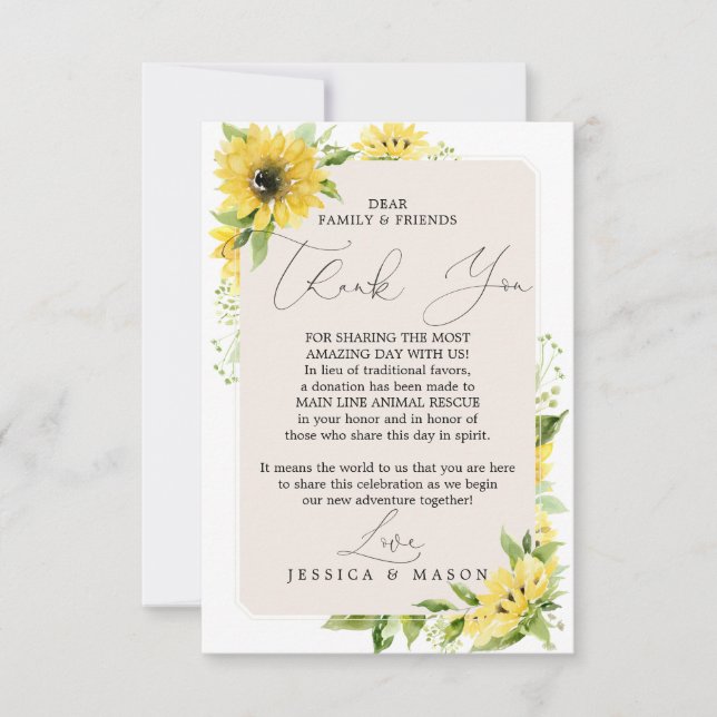 Sunflower In Lieu of Favors Thank You Place Card (Front)