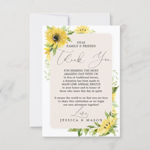 Sunflower In Lieu of Favors Thank You Place Card