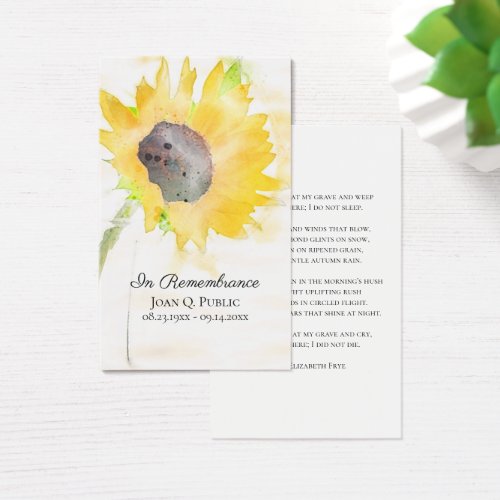 Sunflower in Vase Watercolor Funeral Prayer Card