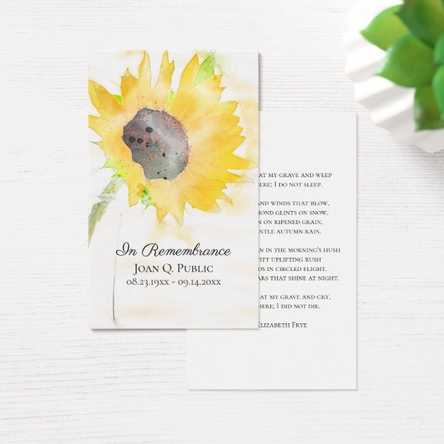 Sunflower in Vase Watercolor Funeral Prayer Card (Desk)