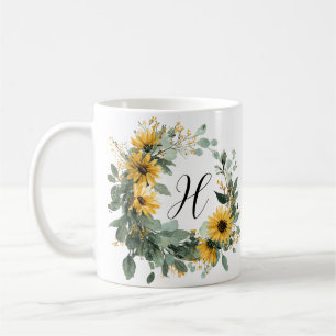 Sunflower Initial Elegant Vintage Watercolor Coffee Mug