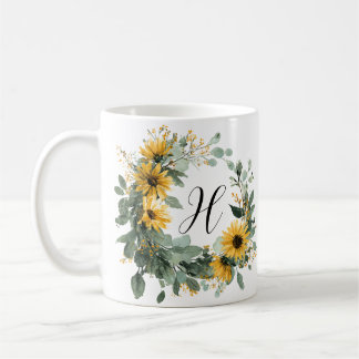 Sunflower Initial Elegant Vintage Watercolor Coffee Mug