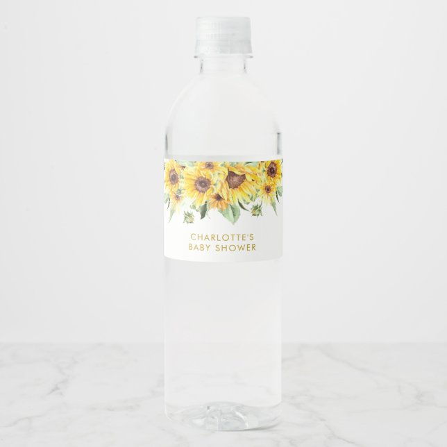 Sunflower is on the way Baby Shower Water Bottle Label (Front)