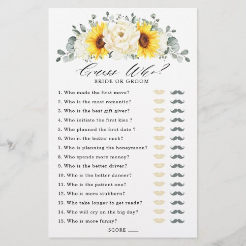 Sunflower Ivory Peony Bridal Shower Game Guess Who