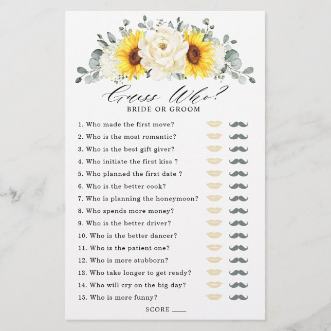 Sunflower Ivory Peony Bridal Shower Game Guess Who (Front)