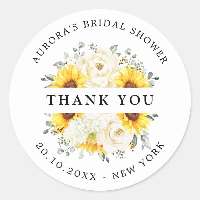 Sunflower Ivory Peony Bridal Shower Thank you Classic Round Sticker (Front)