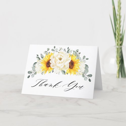 Sunflower Ivory Peony  Eucalyptus Bridal Shower    Thank You Card