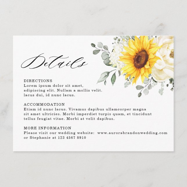 Sunflower Ivory Peony Eucalyptus Wedding Details Enclosure Card (Front)