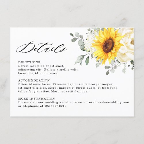 Sunflower Ivory Peony Eucalyptus Wedding Details Enclosure Card