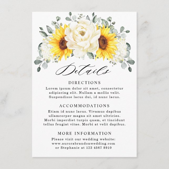 Sunflower Ivory Peony Eucalyptus Wedding Details   Enclosure Card (Front)