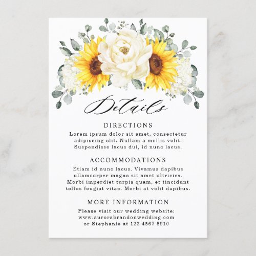 Sunflower Ivory Peony Eucalyptus Wedding Details   Enclosure Card