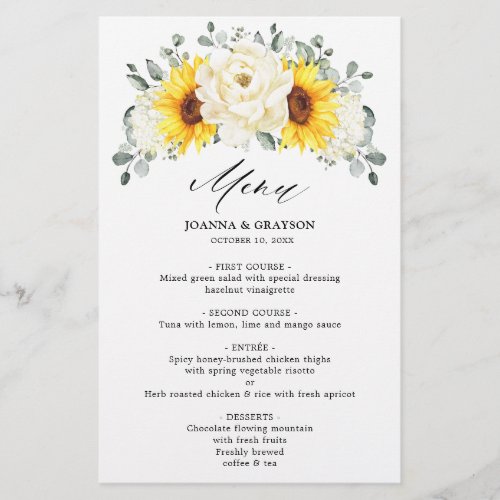 Sunflower Ivory Peony Eucalyptus Wedding Menu