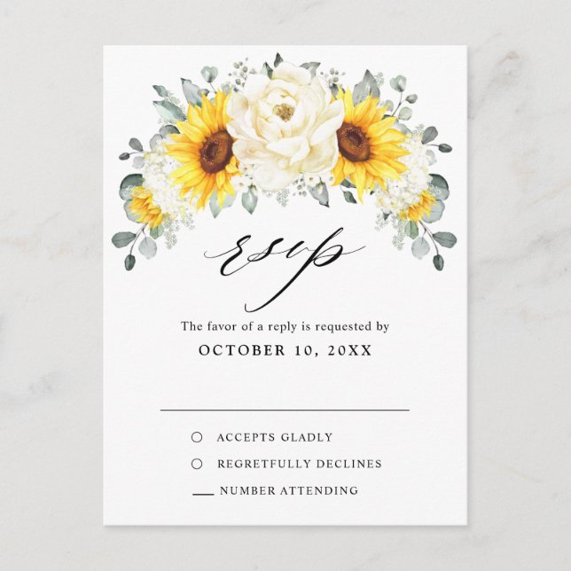 Sunflower Ivory Peony Eucalyptus Wedding  RSVP Postcard (Front)