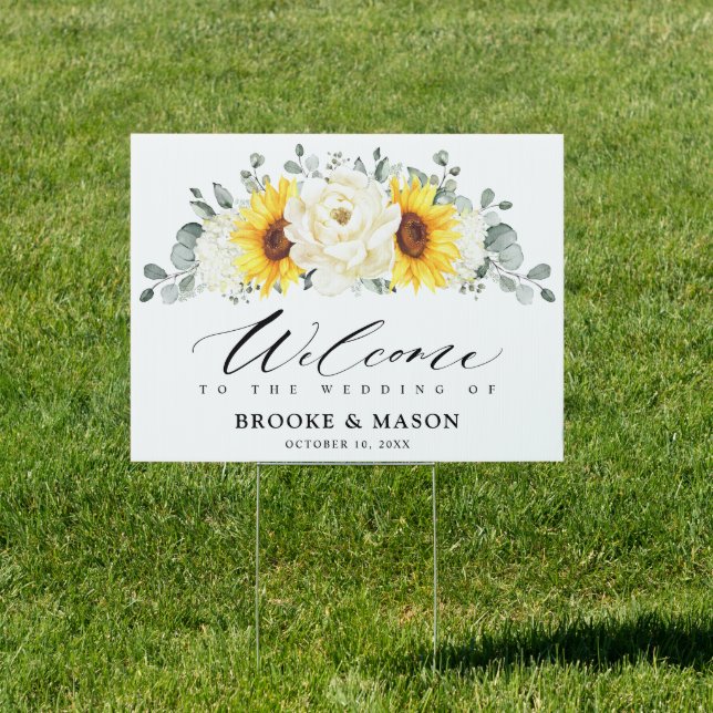 Sunflower Ivory Peony Eucalyptus Wedding Welcome Sign (Insitu)