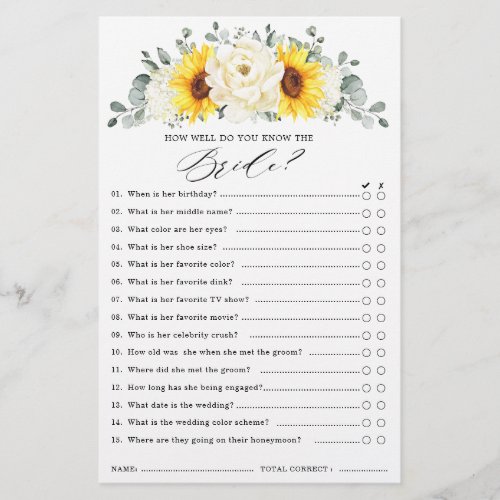 Sunflower Ivory Peony Floral  Bridal Shower Game