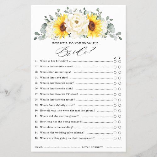 Sunflower Ivory Peony Floral  Bridal Shower Game