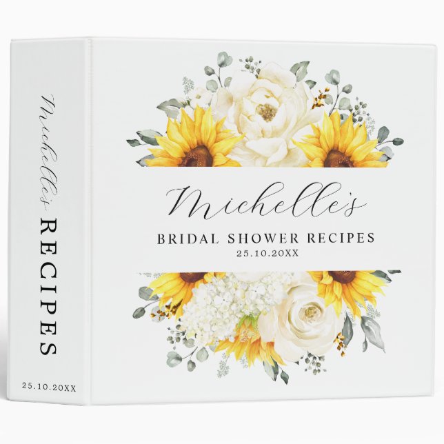 Sunflower Ivory Peony Floral Bridal Shower Recipe 3 Ring Binder (Front/Spine)